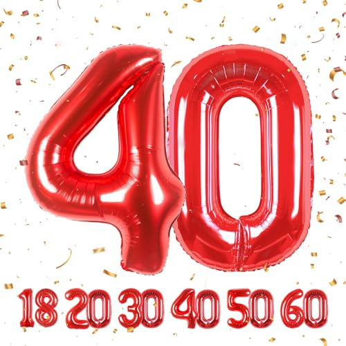 Globos de 40 cumpleaños,Rojo 40 pulgadas Globo número, 40 decoraciones de Globo número cumpleaños para hombre y mujer, Globo inflable de lámina de Rojo 40