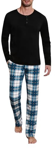 Uniexcosm Pigiama da Uomo Invernale, Set Pigiama Uomo Contone Lungo Manica Lunga Top + Pantaloni Scozzesi, Uomo Pigiama 2 Pezzi con Tasca e Coulisse Regolabile per Autunno Inverno