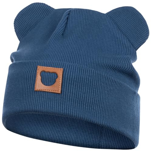 Smarilla Mütze Übergangsmütze Junge Mädchen Herbstmütze Frühlingsmütze Beanie Ohren gerippt, Größe: 50-52, Farbe: Indigoblau