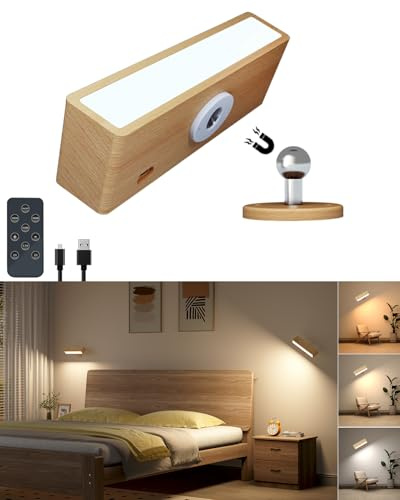 DetarZinLED Akku Wandleuchte Innen mit Fernbedienung,Touch Wandleuchte ohne Stromanschluss,LED Wandlampe Kabellos mit 3 Farbmodi,360° Drehbarer Holz Aufladbare Wandlampe für Schlafzimmer