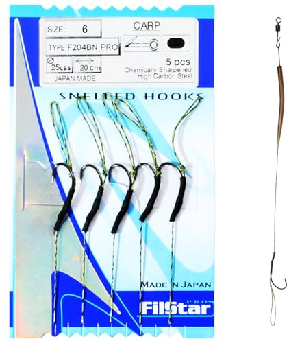 PRO FILSTAR Angelhaken Set 5Stk, N6 mit Vorfach 20cm - Anti Tangle Sleeve | Wirbel - Flechtschnur - Angeln Karpfen Zubehör - Fishing Hook - Boilies Pellet Haken - Sport Set Carp Rig - Vorfachschnur