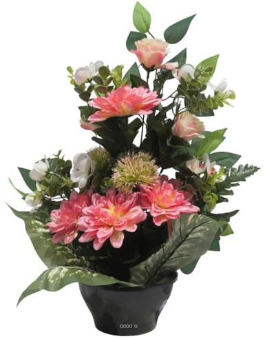 Artificielles.com - Vasque de Dahlia, Rose, Mini fleurs, Chardon et Ficus Rose artificiels - Toussaint - couleur: Rose 715