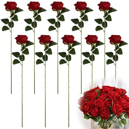 Copbopwn 10Pcs Fake Rose Artificial Flowers Artificial Rose Red Roses Artificial Flowers Blue Roses RedArtificial Flowers Silk Flowers with Stems for Home Wedding Hotel Office Centerpiece Decor (red)