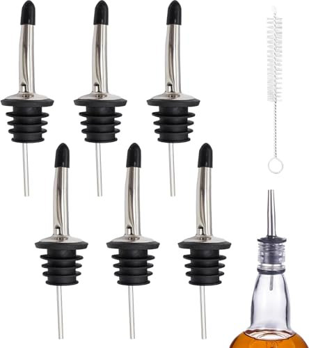 UBRAVE 6 Piezas Vertedor De Acero Inoxidable,Taper Vertedores Aceite,Con Tapa y Cepillo,Dispensador De Aceite y Vinagre,Boquilla Larga y Tapón Para Botellas Vino, Aceite, Vinagre, Cóctel, Jugo