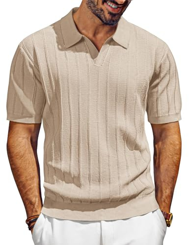 PJ PAUL JONES Camisas polo de punto de manga corta para hombre con cuello en V para golf, polos de verano con textura, albaricoque, L
