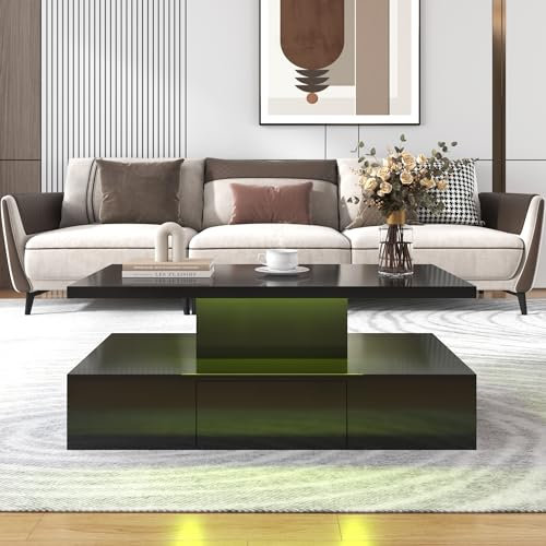 Wuudi Table basse, table avec tiroirs, finition laquée, table d'appoint avec deux étagères, avec lumière LED