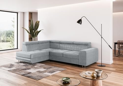 Ecksofa mit Schlaffunktion NOLA L-Form, Sofa Couch mit Bettkasten, Eckcouch, Schlafsofa für Wohnzimmer, Big Sofa Couch mit Schlaffunktion (Hellgrau, Ottomane Links)