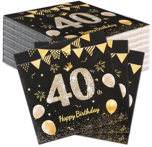 60 Stück Premium Servietten Schwarz Gold | Elegante Servietten für 40. Geburtstag (Frauen & Männer) | 40er Party Deko & Tischdeko 33x33 cm | Hochwertige Geburtstagsservietten | Luxus-Papierservietten