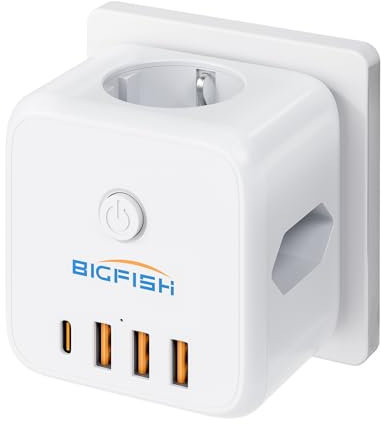 Bigfish Ciabatta elettrica con USB C, presa multipla con 4 USB, cubo senza cavo, spina multipla per presa con interruttore, 3 prese adattatore per ufficio, casa