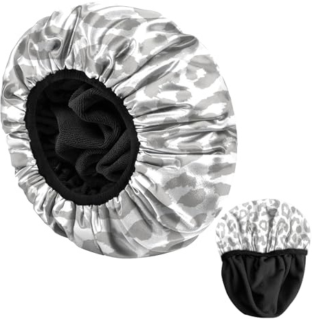 BHAHB Duschhaube, mit elastisch, wiederverwendbar,wasserdicht-hochwertig Duschhaube mit Terrystoff-Futter zum Haar trocknen, niedlich Design für Frauen und Mädchen (U13-weißer Leopard)