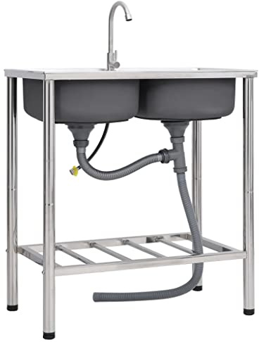 Évier de camping à 2 bacs, Lavabo à Double Cuve, Evier Restaurant Commercial pour buanderie/arrière-Cour/Garage, Acier inoxydable