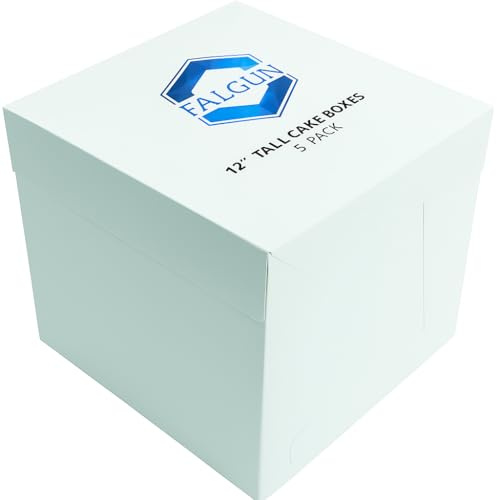 FALGUN Premium TALL 12 White Tall Cake Box, Pack of 5, 304 x 304 x 304mm (12 x 12 x 12 inch), Ideal for Transporting Celebration and Wedding Cakes Tall Cake Boxes Pack of 5 - (12 Inch)