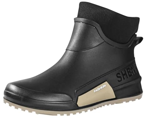 Stivali da pioggia da donna e uomo, invernali, caldi, piatti, antiscivolo, in gomma, durevoli, corti, impermeabili, caldi, imbottiti, stivali da giardino per lavoro, pesca, cucina, Nero , 43 EU