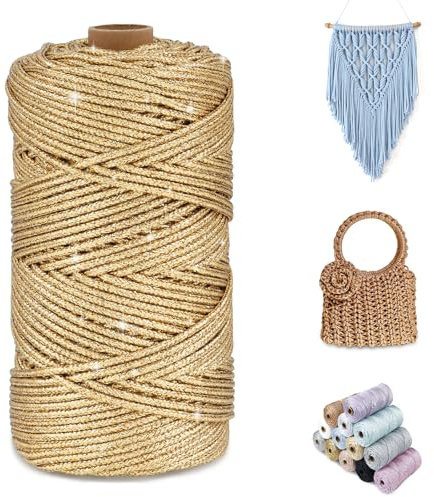 CAMAL Cordino Lusso per Borse Uncinetto, Filo Macrame 2mm x 150m Scintilla Poliestere Corda, Macramè Filo per Uncinetto Borse, Bambole, Coperte, Decorazione Fai Da Te (Oro rame)