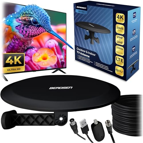 Berdsen DVBT2-antenn med förstärkare 28 dB – inomhusantenn TV – 10 m kabel – 80 km räckvidd LTE filter DVB-T DVB-T2 – svart
