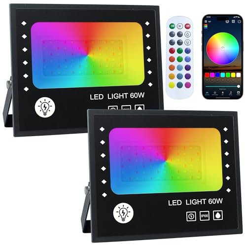 OUSIDE Foco LED RGB Exterior 60W, Control por App Bluetooth y Mando a Distancia, IP66 Impermeable, Multicolor, Proyector para Jardín y Terraza, 2 Unidades