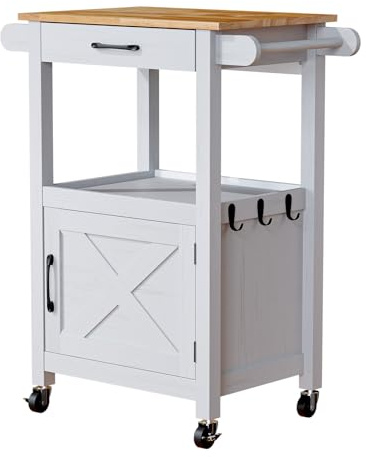 Bonnlo Kitchen Island on Wheels with Barn Door, Rolling Kitchen Trolley Cart with Drawer & Towel Rail, Mobile Storage Cabinet for Kitchen, Dining, Living Room, white