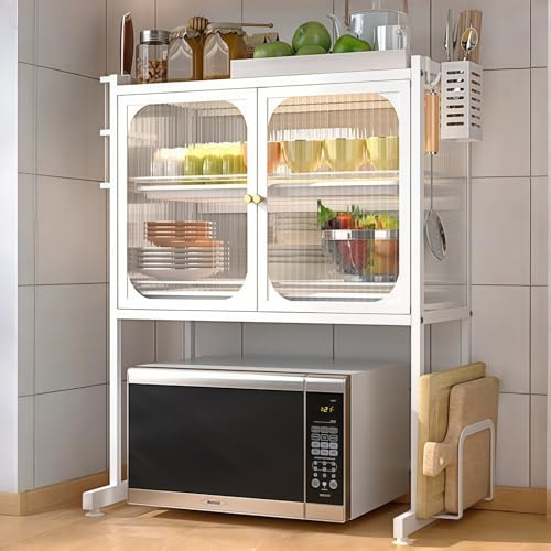 WINNIESHOP 2-in-1 Microwave Shelf Countertop Microwave Stand with Dish Rack Over the Sink 3 Tier Dish Racks for Kitchen Counter with Storage Holder & Hooks, Over Sink Dish Drying Rack (White, 22.4L)
