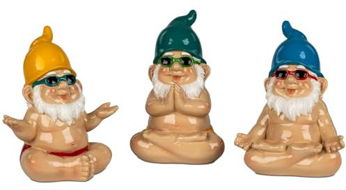 formano 3er Set Gartenzwerge Yoga Figuren 17 cm aus Kunststein handbemalt lustige Gartendeko für Garten Terrasse Balkon Gartenfiguren mit glänzender Oberfläche, dekorative Outdoor Zwerge