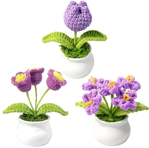 DNTHYRIN 3Pcs Knitted Flowers, Purple Themed Collection, Handcrafted Home Decor, Forgetting-Me-Not Tulip Lily of the Valley Arrangement, Long Lasting Floral Display