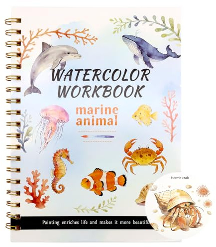 Watercolor Workbook, 14 Marine Animal Patterns of Original DIY Designs, Water Colouring Book for Beginner Friendly, Watercolour Workbook Art & Crafts Painting Supplies Gifts for Adults Teens