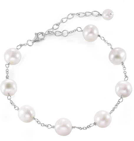 JFUME Bracciali di perle per le donne 925 argento sterling placcato in rodio con 8-9 mm bianco coltivato braccialetto di perle d'acqua dolce 7.5inches regolabile