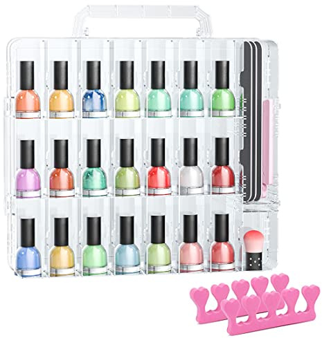 JIASHENG Nail Polish Organizer Case for 48 Bottles, Gel Nail Polish Storage Holder Double Side Adjustable Space Divider for Acrylic Nail Gel Dip Powder Tips Set with Two Toe Separator