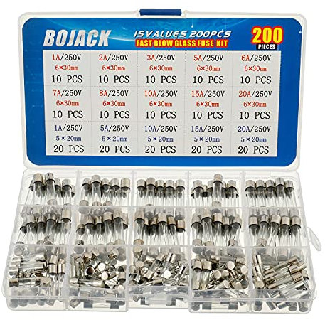 BOJACK 15 Values 200 pcs Fast-Blow Glass Fuse Assortment Kit 5x20mm 250V 1 5 10 15 20A 6x30mm 250V 1 2 3 5 6 7 8 10 15 20A packag in a Clear Plastic Box