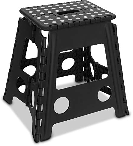 Fineway Folding Step Stool – Folds Flat with Carry Handle for Easy Storage and Transport Stepping Stool for Adults & Kids - Compact and Lightweight Two Tier Anti Slip Kitchen Step Stool (Black)