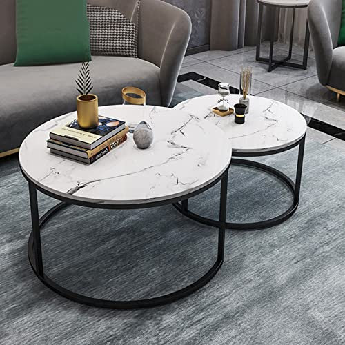 YNITJH Hochwertiger Couchtisch aus Metall - Satztisch aus Massiv Holz im 2er Set | Wohnzimmertisch - Rund Modern | Couch Beistelltisch - Wohnzimmer Tisch,für Wohnzimmer,Schlafzimmer,Schwarz+weiß