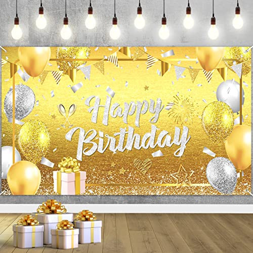 Gold Silber Birthday Hintergrund Banner Dekorationen Großes Gold Glitzerndes Geburtstagsbanner Birthday Deko Goldenes Fotokabine Hintergrund für Frauen Männer Geburtstag Partyzubehör 71x44 Zoll
