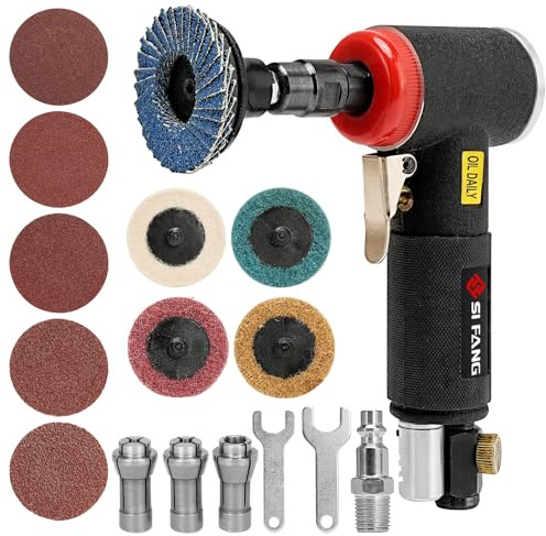 SI FANG Kit de 16 amoladoras de aire en ángulo recto con pinzas de 1/4 pulgadas 1/8 pulgadas de 2 pulgadas, accesorios de discos de lijado de cambio rápido, mini lijadora neumática, herramientas de