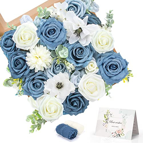 Jubor Artificial Flowers Blue, Dusty Rose Artificial Silk Flowers for DIY Wedding Bridal Bouquets Centerpieces Arrangements Baby Shower Party Home Decorations