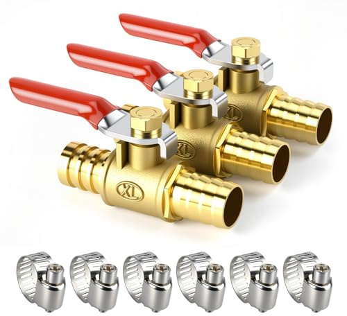 Bwintech 3 Stück 10mm Kugelventil aus Messing mit Widerhaken mit 6 Stück Klemmen, Luft Gas Kraftstoffleitung abgesperrt 180 Grad Betätigungsgriff Ventilrohrverschraubungen