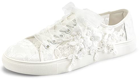 JIAJIA 8836 Wedding Shoes Bridal Sneakers Flats Bride Tennis Shoes Flowers Lace Sneakers Colour Ivory,Size 7 UK/41 EU