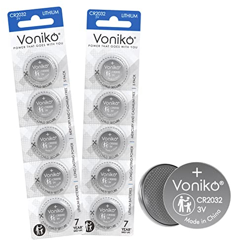 Voniko CR2032 3V Lithium Batteries 10 Pack for Child Safety, Compatible with AirTag, Key Fobs, Thermometers, Scales – 7 Years Shelf Life