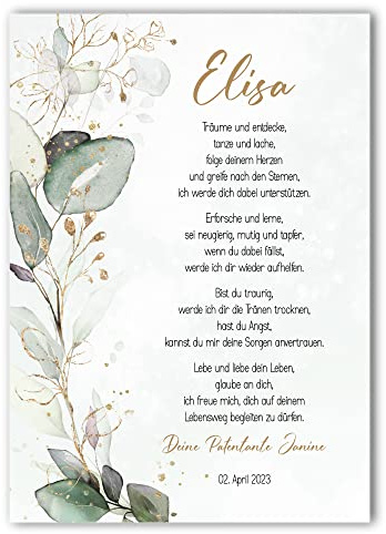Taufgeschenk Kunstdruck | Taufe Poster | personalisiert | Patenbrief Patenkind | Eukalyptus | Junge oder Mädchen