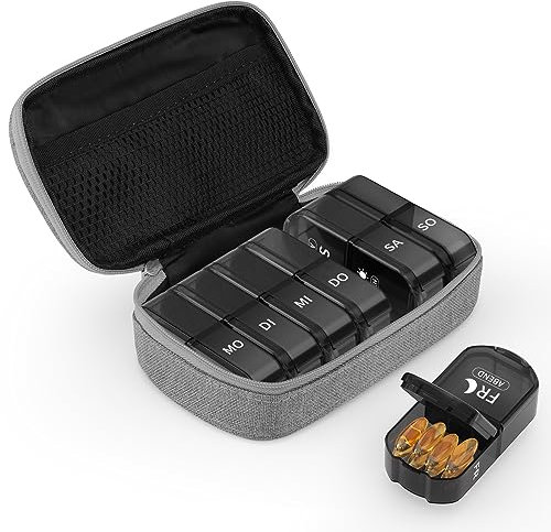 Opret Tablettenbox 7 Tage Morgens Abends, Pillendose 7 Tage 2 Fächer mit Sonnensichere Segeltuchtasche, Medikamentenbox 7 Tage Pillenbox Tablettendose Tabletten Organizer für die Reise