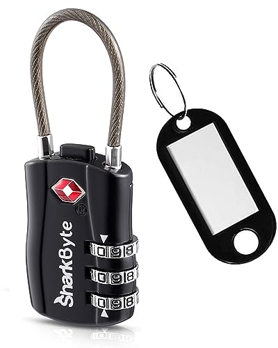 SharkByte TSA Cadenas à combinaison de sécurité à 3 cadrans avec câble flexible pour valises, valises, sacs de voyage, casier de gym, petit cadenas (lot de 1)
