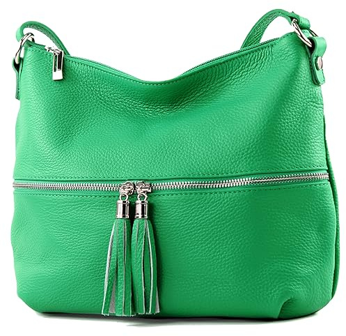 modamoda de T159 Damen Leder Umhängetasche Schultertasche Medium handmade in Italy, Farbe:Blattgrün