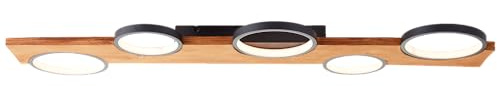 Lightbox LED Deckenlampe im Nature Stil - Deckenleuchte mit 3 Stufen Dimmer & 5 LED-Ringe am Holz Balken - 95,5 cm Breite & 28 cm Länge - max. 4600 lm, 6000 K - aus Kiefernholz/Metall in Schwarz/Braun