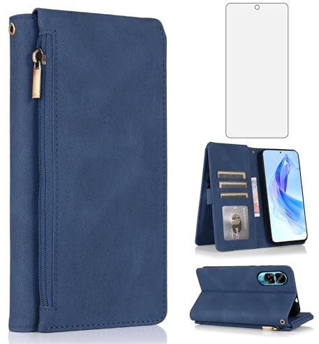 Asuwish Compatible with Honor 90 Lite 5G Wallet Case Tempered Glass Screen Protector and Zipper Retro Leather Flip Cover Card Holder Stand Cell Accessories for Honor90 90Lite CRT-NX1 Women Men Blue