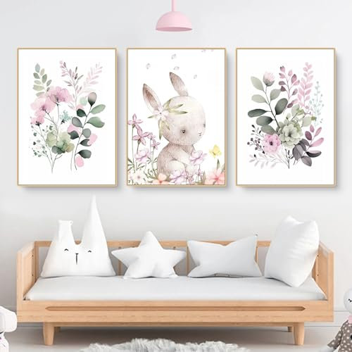 Bilder Kinderzimmer 3er Set, Kaninchen und Blatt Blume Bilder, Wandbilder Deko Hase Bilder Kinderzimmer Mädchen und Jungen Babyzimmer Deko, Ohne Rahmen (30x40cm)