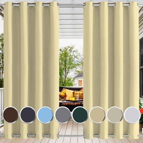 Ufamiluk gardinen Outdoor wetterfest wasserdicht mit ösen Oben und unten Windschutz Vorhang terrasse wetterfest für Balkon die terrasse gartenlauben 290x265cm (BxH 1 Stück) Beige