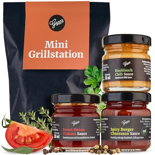 Gepp’s Feinkost Wundertüte Mini Grillstation I Grillgewürze Geschenkset | Grill-Geschenke für Männer I Mit BBQ Grillsauce, Whiskey Pfeffer Sauce & Knoblauch Chili Sauce