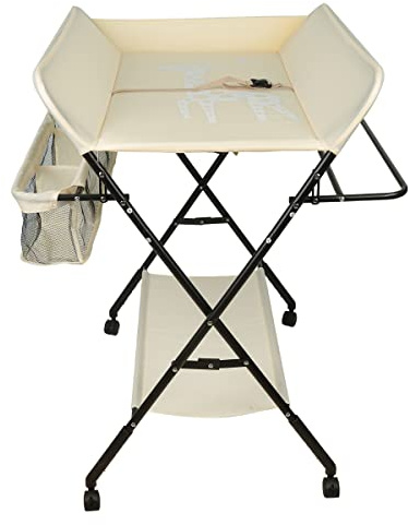 Wickeltische, Wickeltisch und Badewanne für Babys, zusammenklappbar und tragbar, für Babys mit 4 Rollen, mit Aufbewahrungskorb an der Seite, maximale Belastung 25 kg (beige)