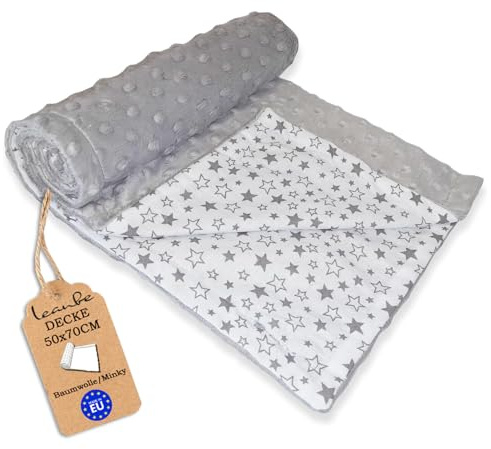 Leanbe Babydecke 50x70 cm – Kuscheldecke für Kinderwagen & Bett, doppelseitig, weich & flauschig, Baumwolle, Decke für Babys & Kleinkinder (Grau Minky-Sterne)