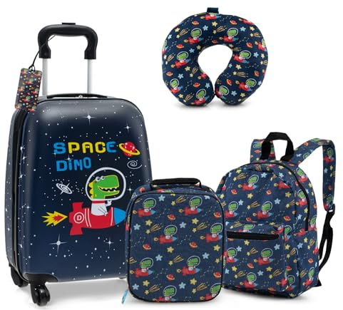 GOPLUS 5tlg Kinderkoffer Set, Kids Trolley mit Rucksack, Nackenkissen, Lunchbox, Gepäckanhänger, Kindergepäck mit Rollen, Reisekoffer mit Teleskopgriff für Kinder ab 3 Jahren (Dinosaurier)