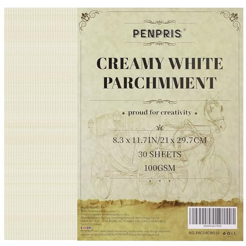 30 Sheets Parchment Paper - Creamy White 21 * 29.7CM A4 Size Parchment Card Stock 100gsm Vintage Paper for Certificate, Crafts, Business Cards, Invitations PAC04CW030