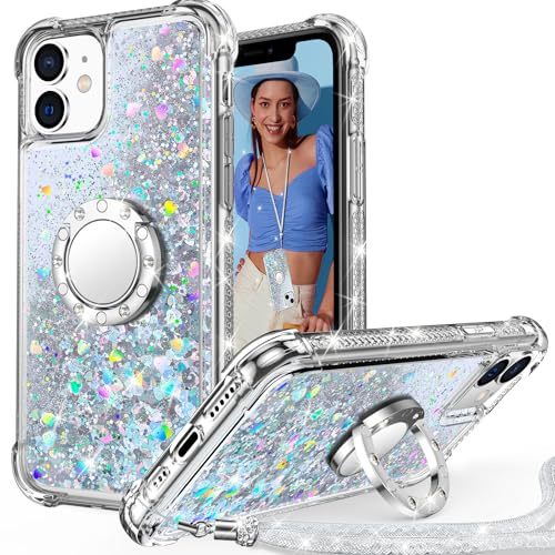 Unlicaku Glitter Case for iPhone 11, Ring Stand & Lanyard, Silver | Bling Sparkle Diamond Protective Phone Cover for Women Girls